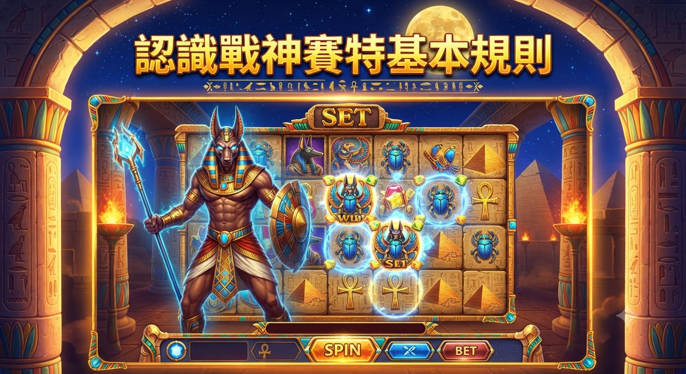 這張圖片展示了以埃及神話為主題的博弈遊戲介面，畫面中央站立著威武的戰神賽特。 圖片頂部標題明確寫著「認識戰神賽特基本規則」，整體設計充滿神祕的古埃及風格。