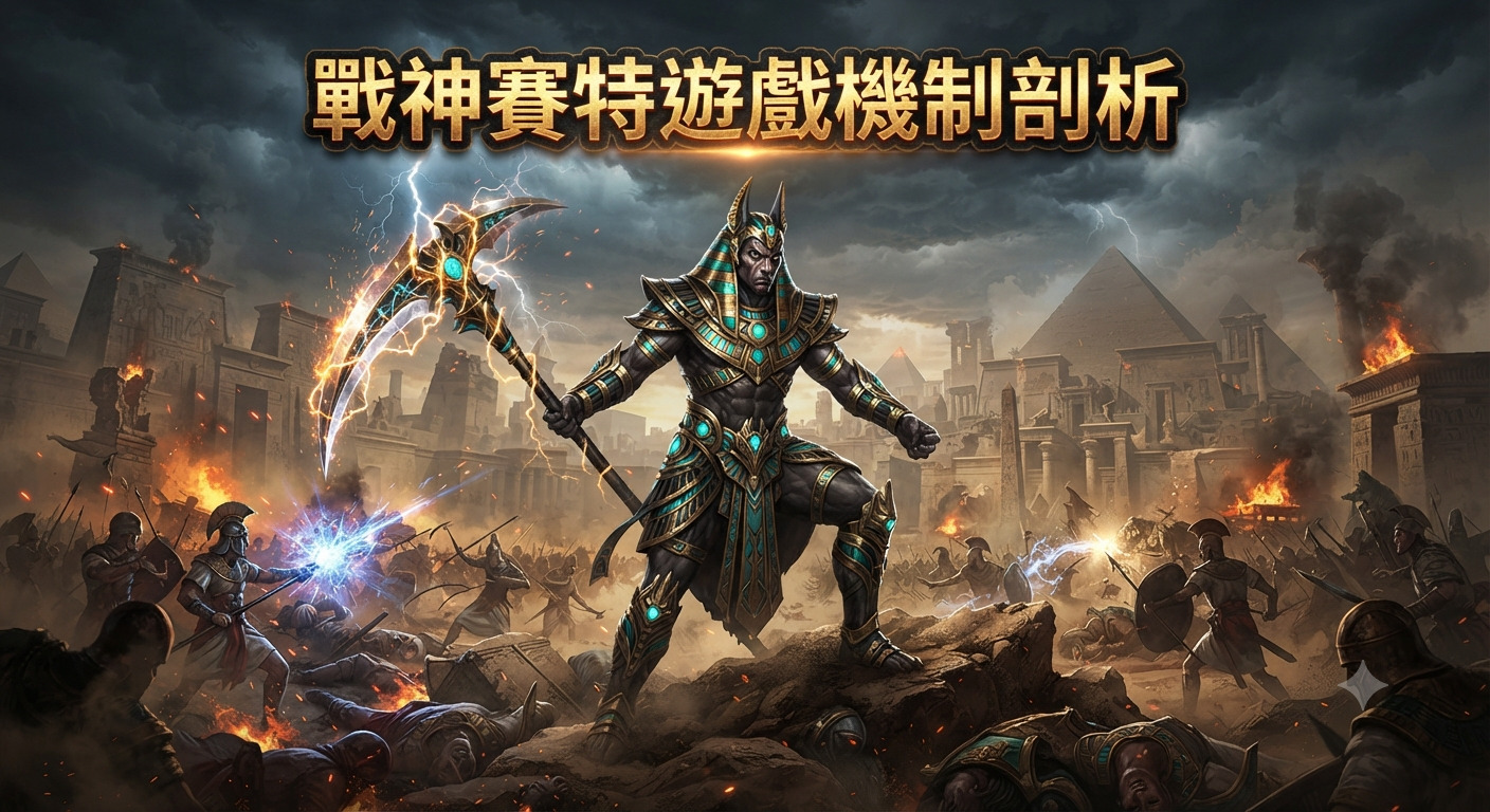 這張圖片展現了埃及戰神賽特在激烈的戰場中央，手持發光武器，背景是燃燒的古代遺蹟與士兵。 上方標題「戰神賽特遊戲機制剖析」清晰地呈現，突顯了這款遊戲充滿史詩感與戰鬥張力的核心主題。